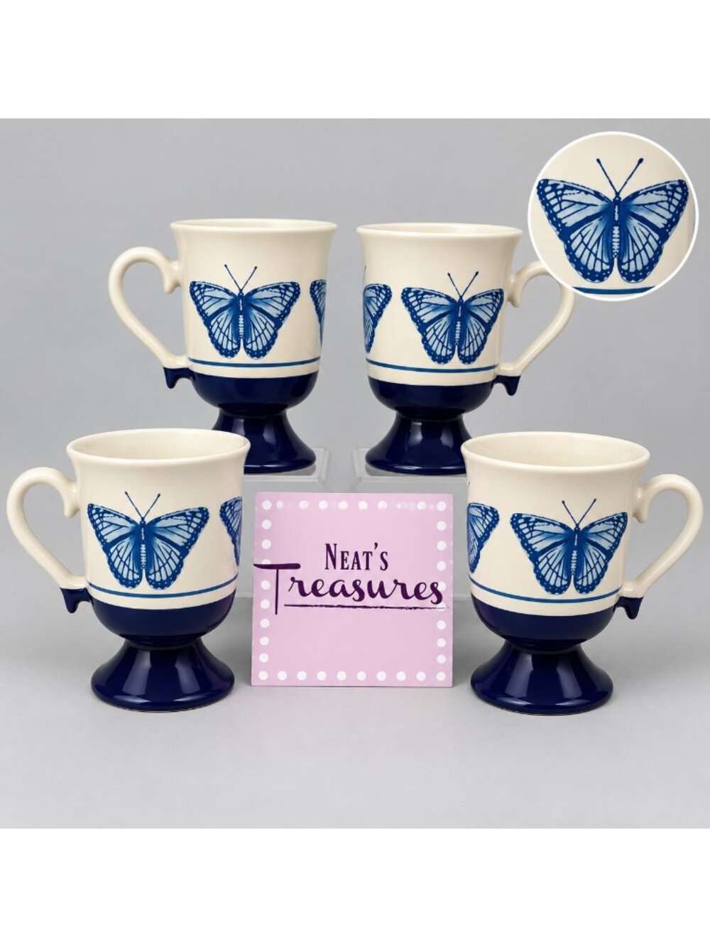 Vintage BUTTERFLY Cobalt Blue White Pedestal Ceramic 10oz Irish Coffee Mug Set 4